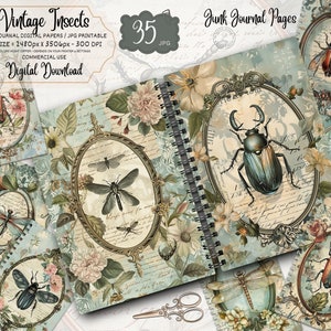 Pagine di diario vintage di insetti spazzatura, kit di carta per album digitali, stampabile botanico, foglio di collage, download di entomologia, effimere di farfalle