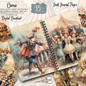 Circus Junk Journal Pages, Digital Scrapbook Paper Kit, Fun Fair Printable, Vintage Ephemera, Clown Collage Sheet, Circus Carnival