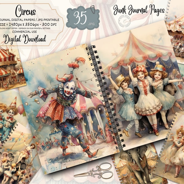 Circus Junk Journal Pages, Digital Scrapbook Paper Kit, Fun Fair Printable, Vintage Ephemera, Clown Collage Sheet, Circus Carnival