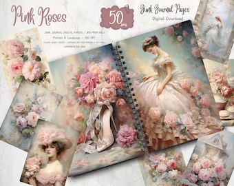 Pink Roses, Vintage Floral Junk Journal Kit, Printable Collage Paper, Digital Download