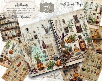 Digital nedladdning av skräpjournal för apotekare, örtkollage av mystiska trolldryck, utskrivbart ephemera-klippbokpapper med vintagebotaniska mönster