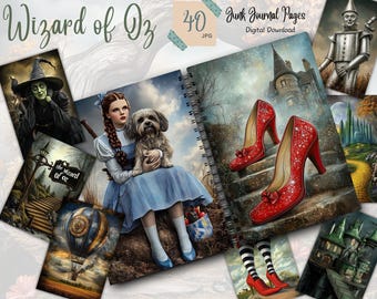 Wizard of Oz Junk Journal Pages Digital Download, Printable Fairytale Scrapbook Ephemera, Emerald City Collage Sheet Fantasy Paper Kit
