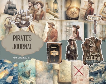 Mapa del tesoro náutico pirata vintage, efímeros de bitácora de barco, kit de diario de recortes, páginas de álbum de recortes imprimibles, hoja de collage, descarga digital