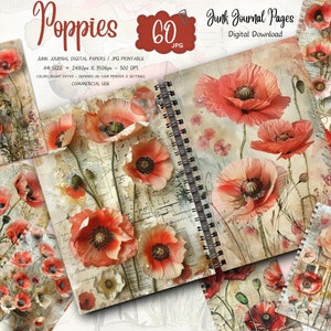 Páginas de diário de papoulas em aquarela, papel de papoulas, diário de flores, kit de diário de papoulas vermelhas vintage, diário de papoulas para impressão