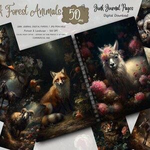 May include: A selection of digital junk journal pages showcasing dark forest animals. The images include a wolf, fox, llama, frog, and other creatures. The text on the image says "Dark Forest Animals" and "Junk Journal Pages". The pages are JPG printable, portrait and landscape, 300 DPI.