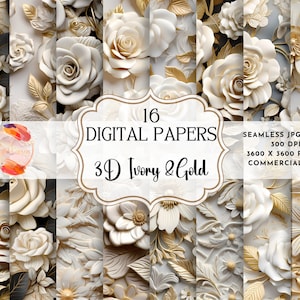 Padrões 3D florais de marfim e ouro SEM EMENDA - Papel digital 3D de flores de marfim e ouro - 16 designs - 12 x 12 pol. - Uso comercial - Flores 3D