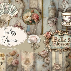 ELEGANZA SENZA TEMPO Pagine di diario spazzatura, kit di carta per album digitale, stampabile romantico, foglio collage di fiori, diario vintage, effimeri d'amore