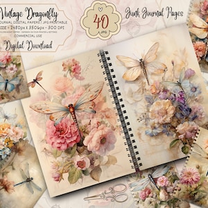 Pagine di diario vintage con insetti, kit di carta per album digitali, stampabile botanico, foglio collage, download di entomologia, effimere di libellule