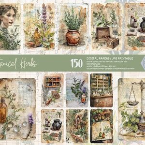 Pages de journal indésirables herbes botaniques, kit de papier de scrapbooking numérique, impression à base de plantes, feuille de collage antique, éphémères de plantes vintage, apothicaire
