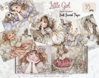 Sweet Victorian Little Girl Printable Junk Journal Kit, Nostalgic Vintage Child Portrait Ephemera Scrapbook Pages, Digital Download