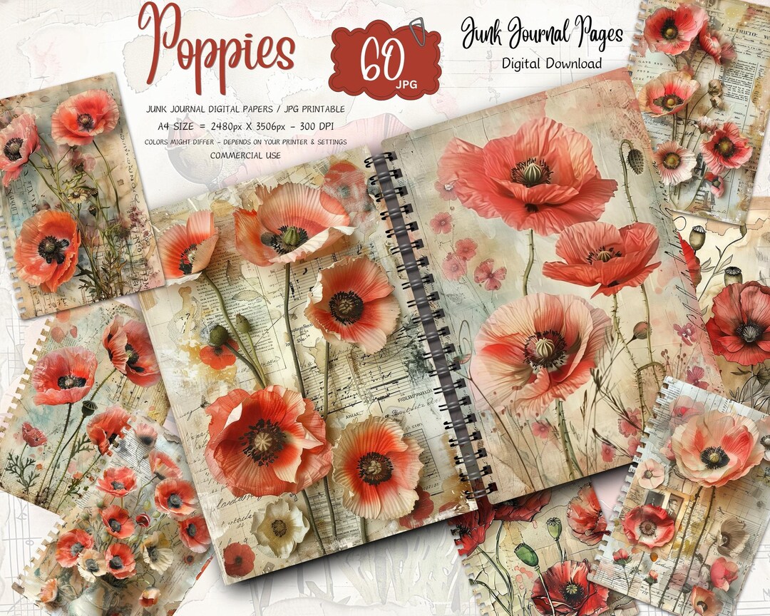 Watercolor Poppies Junk Journal Pages: Vintage Floral Paper (digital ...