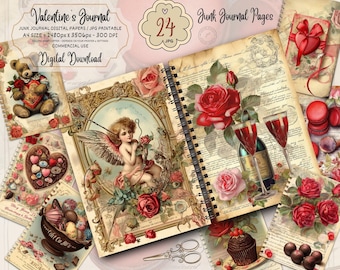 Vintage Valentine Shabby Chic Junk Journal Kits, Vintage Liebe Ephemera druckbare Seiten, Amor Rose Herz Schokolade Collage, digitaler Download
