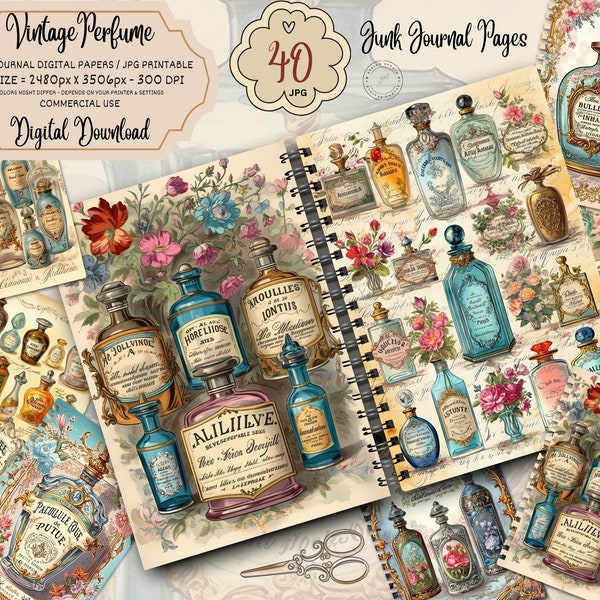 VINTAGE PERFUME Bottles Junk Journal Pages, Digital Scrapbook Paper Kit, Mystic Perfume Printable, Perfume Collage Sheet