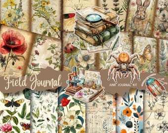 Vintage Botanical, Victorian Naturalist, Field Notes Junk Journal Kit, Printable Ephemera, Nature Scrapbook Paper, Digital Download