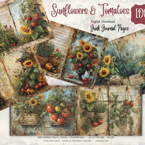 Sunflowers Tomatoes Junk Journal Pages, Vintage Sunflowers Junk Journal Kit, Junk Journal Printable Paper, Digital Collage, Instant Download