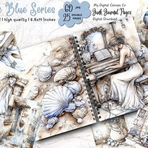 Pagine di diario vintage blu FRENCH Junk, immagini di album, carta per collage, carta stampabile digitale, shabby chic, vintage, femminile e morbida