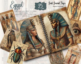 May include: Digital download of 25 junk journal pages with an Egyptian theme. The pages feature illustrations of pharaohs, hieroglyphs, and ancient Egyptian art. The word "Egypt" is written in a stylized font, and the words "Junk Journal Pages" are also visible.