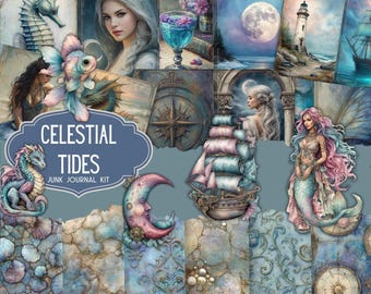 May include: A collection of fantasy-themed illustrations, featuring mermaids, a seahorse, a dragon, and a sailboat. The text "CELESTIAL TIDES JUNK JOURNAL KIT" is on a blue label. The artwork uses a colour scheme of blues, purples, and pinks.