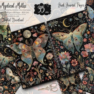 May include: 35 digital printable junk journal pages featuring a dark background with intricate floral designs, stars, and moths in shades of blue, green, and gold. The text "Mystical Moths" and "Junk Journal Pages" is included in the image.