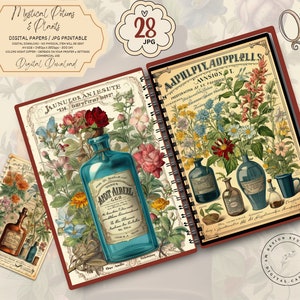 Apothecary Bottles Plants Junk Journal Pages, Digital Scrapbook Paper Kit, Mystic Potion Printable, Alchemy Collage Sheet, Magical Potions