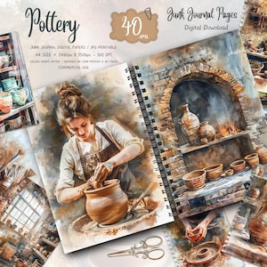 Puede incluir: Un conjunto de 40 páginas de diario digital imprimibles con ilustraciones de acuarela de cerámica, un torno de alfarero y un horno de ladrillo. Las páginas son perfectas para agregar un toque rústico y vintage a tus diarios.