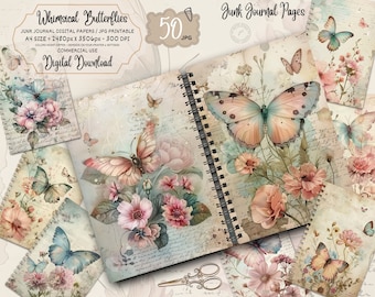 Watercolor Butterfly Junk Journal Kit Fantasy Butterfly Journal Pages, Junk Journal Printable Paper, Digital Collage Sheet, Instant Download