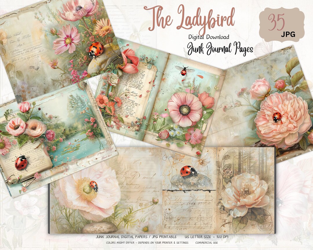 Ladybug Garden Junk Journal Kit Digital Download, Pink Floral Ephemera ...