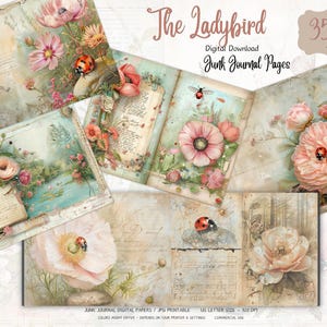 Junk Journal, Kit, Coccinella, Giardino, Coccinella, Coccinella, Estate, Rosa, Carte, Fiori, Libro, Download di effimere, Stampabile, Download digitale