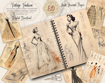 Vintage Fashion Journaling Cards | 80 jpg | printable ephemera, digital junk journal paper, collage sheet, grunge scrapbook, fashion journal