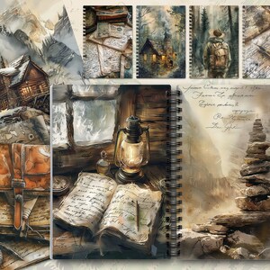 May include: A vintage-style journal with a brown leather cover and a spiral binding. The journal is open to a page with handwritten text and a drawing of a cabin in the woods. The background includes images of a compass, a lantern, and a stack of stones.