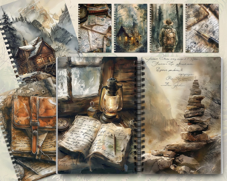May include: A vintage-style journal with a brown leather cover and a spiral binding. The journal is open to a page with handwritten text and a drawing of a cabin in the woods. The background includes images of a compass, a lantern, and a stack of stones.