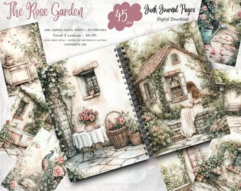 Vintage Rose Garden Shabby Chic Printable Junk Journal Kit, English Cottage Floral Ephemera Scrapbook Pages, Digital Download