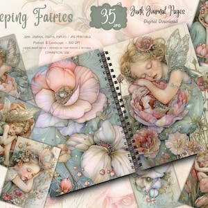 Sleeping Fairies in Flowers Junk Journal Digital Kit Printable, Enchanted Fairy Printables Collage Sheet, Junk Journal Paper, Celestial Kit
