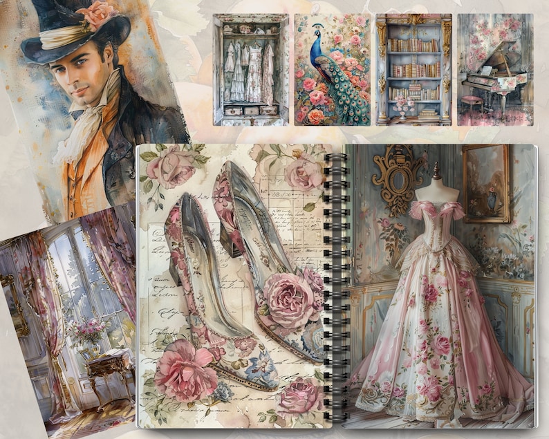 Pu&ograve; includere: Un collage di immagini di ispirazione vintage con un uomo con un cappello a cilindro, un pavone, una libreria, un pianoforte, un paio di tacchi alti con motivo floreale, un abito con motivo floreale e una stanza con una finestra e tende floreali.