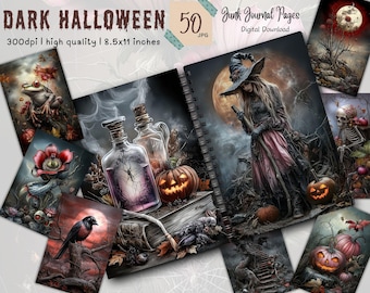 May include: 50 digital printable pages for junk journaling with a dark Halloween theme. The pages feature images of potions, pumpkins, a witch, a skeleton, and other spooky elements. The pages are 300 dpi and 8.5 x 11 inches.