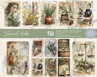 Botanical Herbs Junk Journal Pages Digital Download, Vintage Herbal Ephemera Printable, Apothecary Collage Sheet Scrapbook Paper Kit