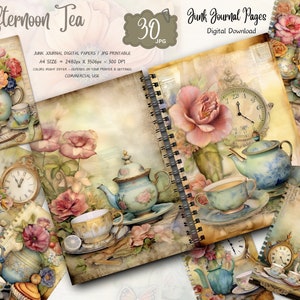 May include: 30 digital printable junk journal pages featuring a vintage tea party theme. The pages include images of teacups, teapots, flowers, clocks, and other vintage elements. The pages are perfect for adding a touch of vintage charm to your junk journals.