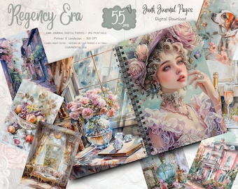 Peut inclure: Un téléchargement numérique de 55 pages de journal à découper imprimables sur le thème de l'époque de la Régence. Les pages comprennent des illustrations d'une femme en robe rose, d'une fenêtre avec vue sur un paysage enneigé, d'un bol de fruits, d'une pièce avec une fenêtre et d'un bâtiment rose avec un jardin.