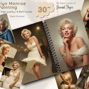 Op de afbeelding: Digitale download van Marilyn Monroe olieverfschilderij journaalpagina's. Het journaal bevat afbeeldingen van Marilyn Monroe in verschillende poses en outfits. Het journaal is 21,59 cm x 27,94 cm groot.