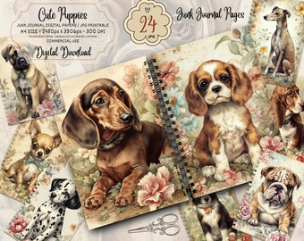 Floral Puppy Junk Journal Pages Digital Download, Vintage Dog Scrapbook Printable Ephemera, Watercolor Pet Collage Sheet Paper Kit