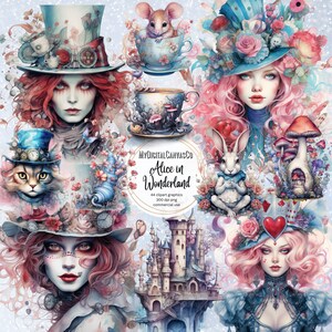Aquarelle d'Alice au pays des merveilles Png Clipart, imprimable Girls Borderland Fairytale art invitation décoration impression, Fantasy Junk Journal Ephemera