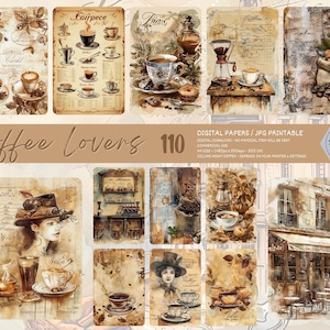 Páginas de diario basura de café vintage, tarjeta de diario de chocolate, páginas de collage de artículos de bebida delicados, hoja de collage digital de canela, amantes del café