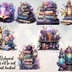 Pode incluir: Uma ilustra&ccedil;&atilde;o digital de uma cole&ccedil;&atilde;o de livros antigos, lanternas e flores. Os livros est&atilde;o empilhados em v&aacute;rias disposi&ccedil;&otilde;es, alguns com flores e lanternas no topo. As lanternas s&atilde;o de metal e vidro, e t&ecirc;m um aspeto vintage. As flores s&atilde;o em tons de rosa, roxo e branco.