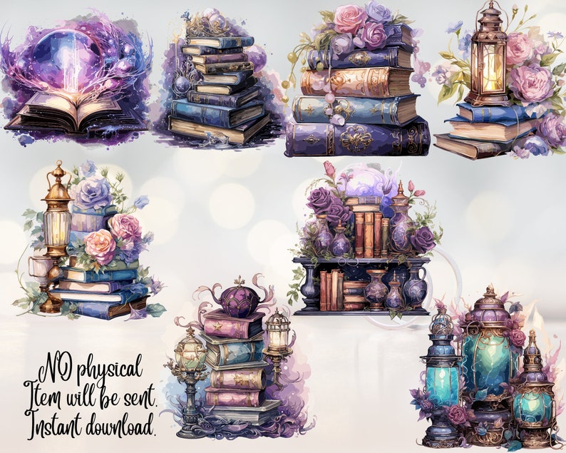 Pode incluir: Uma ilustra&ccedil;&atilde;o digital de uma cole&ccedil;&atilde;o de livros antigos, lanternas e flores. Os livros est&atilde;o empilhados em v&aacute;rias disposi&ccedil;&otilde;es, alguns com flores e lanternas no topo. As lanternas s&atilde;o de metal e vidro, e t&ecirc;m um aspeto vintage. As flores s&atilde;o em tons de rosa, roxo e branco.