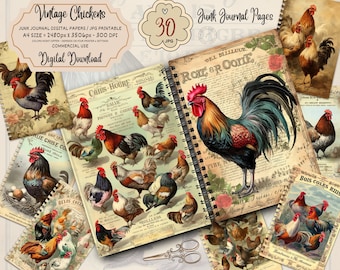Junk Journal Kit Vintage Chicken, Bondgård Scrapbook Ephemera Collage Sheets, Rustika Landsbygdssidor, Digital Nedladdning