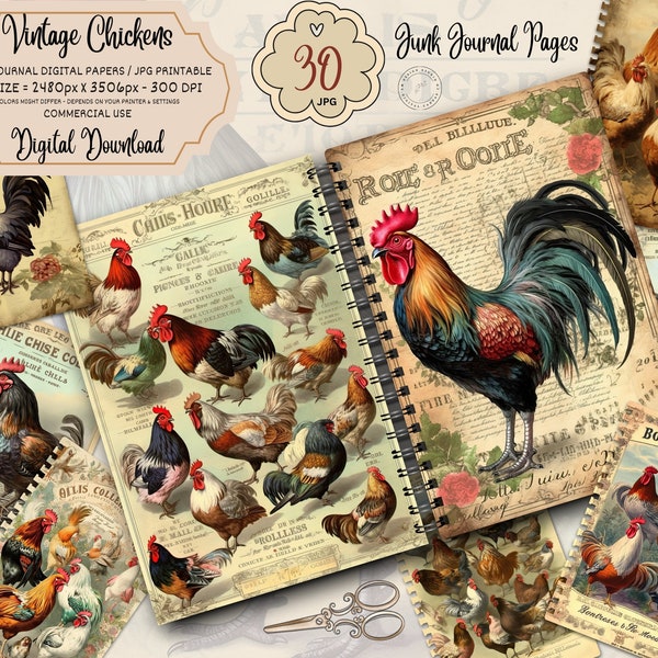 Vintage Farm Ephemera | CHICKEN and ROOSTER| digital collage sheet, printable country junk journal kit, farm life scrapbook paper