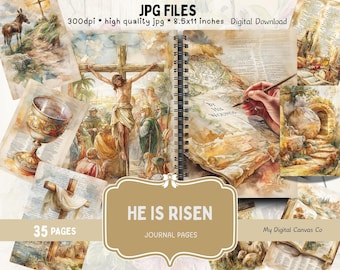 Christian Easter, He is Risen Scripture Printable, Bible Journaling Kit, Faith Ephemera Prayer Journal Pages, Digital Download
