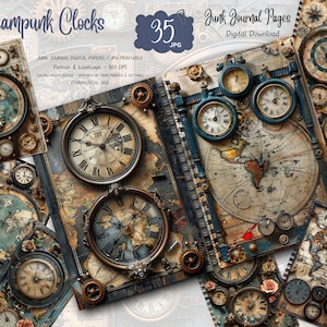 Steampunk Clocks Junk Journal Pages, Digital Industrial Paper, Digi Collage Sheet, Mechanical Scrapbook Kit, Vintage Ephemera