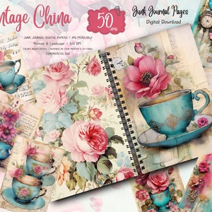 Floral junk journal, Teacup Junk Journal, Vintage Roses Junk Journal Kit, Junk Journal Printable Paper, Digital Collage Instant Download