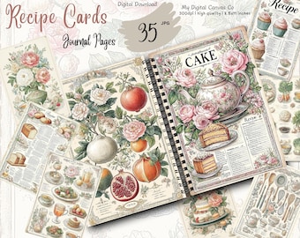 Vintage Recipe Card Junk Journal Kit Digital Download, Printable Kitchen Ephemera, Cottagecore Food Collage Sheet Scrapbook Paper